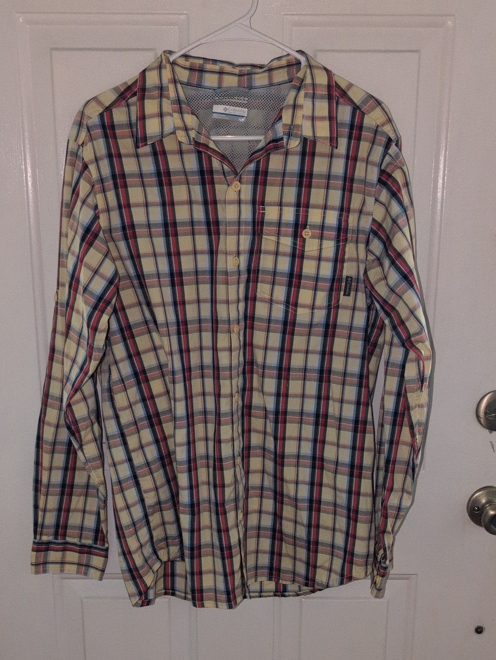 Columbia Yellow Plaid Button-Down Shirt with Red and Blue Stripes